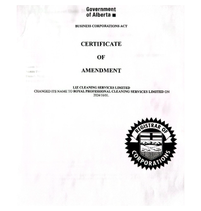 Certificate of Amendment - Royal Professional Cleaning Services